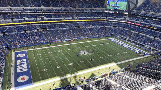 The Cleveland Browns prepare to play the Indianapolis Colts at Lucas Oil Stadium on October 22, 2023.