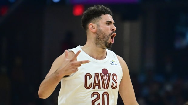 Oct 12, 2023; Cleveland, Ohio, USA; Cleveland Cavaliers forward Georges Niang (20) celebrates after hitting a three point basket during the first half against the Orlando Magic at Rocket Mortgage FieldHouse. Mandatory Credit: Ken Blaze-USA TODAY Sports