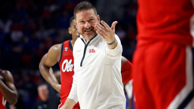Dec 2, 2023; Oxford, Mississippi, USA; Mississippi Rebels head coach Chris Beard reacts during the second half against the Memphis Tigers at The Sandy and John Black Pavilion at Ole Miss. Mandatory Credit: Petre Thomas-USA TODAY Sports