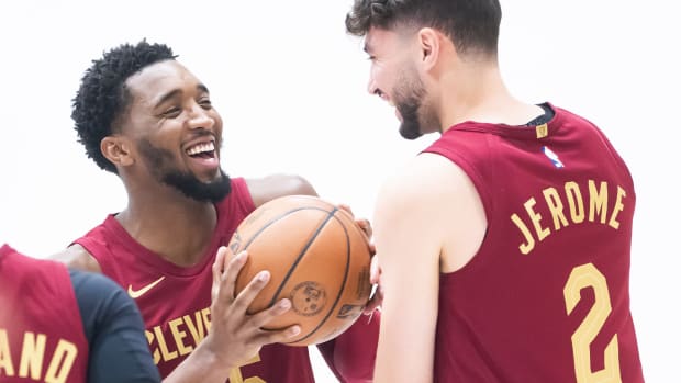 Oct 2, 2023; Cleveland, OH, USA; Cleveland Cavaliers guard Donovan Mitchell (45) and guard Ty Jerome (2) joke around during media day at Rocket Mortgage FieldHouse. Mandatory Credit: Ken Blaze-USA TODAY Sports