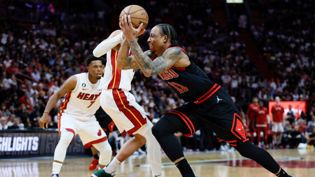 Apr 14, 2023; Miami, Florida, USA; Chicago Bulls forward DeMar DeRozan (11) drives to the basket during the fourth quarter against the Miami Heat at Kaseya Center.