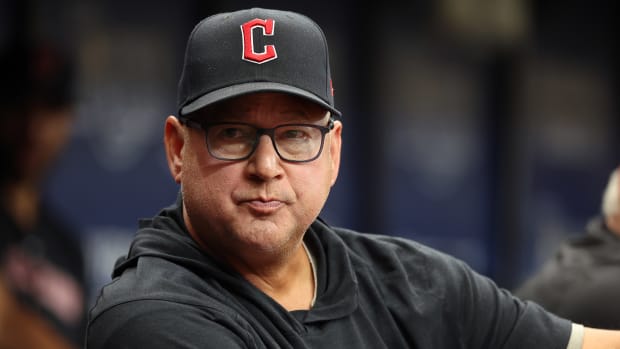 Aug 12, 2023; St. Petersburg, Florida, USA; Cleveland Guardians manager Terry Francona (77) looks on against the Tampa Bay Rays during the first inning at Tropicana Field. Mandatory Credit: Kim Klement Neitzel-USA TODAY Sports