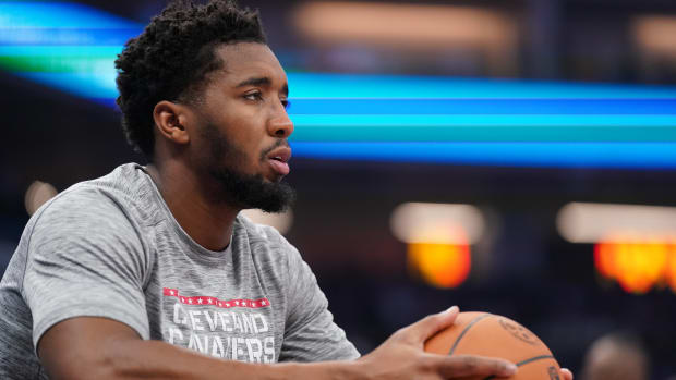 Nov 13, 2023; Sacramento, California, USA; Cleveland Cavaliers guard Donovan Mitchell (45) holds onto the ball before the start of the game against the Sacramento Kings at the Golden 1 Center. 