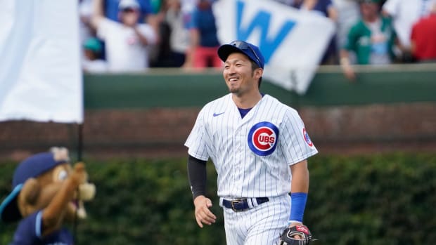 Sep 22, 2023; Chicago, Illinois, USA; Chicago Cubs right fielder Seiya Suzuki (27) celebrates the Cubs win against the Colorado Rockies at Wrigley Field. Mandatory Credit: David Banks-USA TODAY Sports  