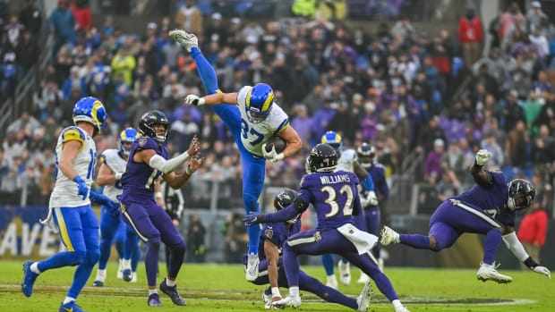 Dec 10, 2023; Baltimore, Maryland, USA; Los Angeles Rams tight end Davis Allen (87) leaps after a first half catch during the first half against the Baltimore Ravens at M&T Bank Stadium. Mandatory Credit: Tommy Gilligan-USA TODAY Sports