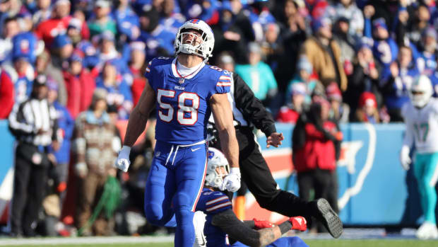 Buffalo Bills defensive end Boogie Basham defends in the second half of an  NFL football game against the Carolina Panthers, Sunday, Dec. 19, 2021, in  Orchard Park, N.Y. (AP Photo/Adrian Kraus Stock