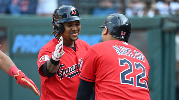 Sep 14, 2022; Cleveland, Ohio, USA; Cleveland Guardians third baseman Jose Ramirez (11) celebrates with first baseman Josh Naylor (22) after hitting a home run during the eighth inning against the Los Angeles Angels at Progressive Field. Mandatory Credit: Ken Blaze-USA TODAY Sports