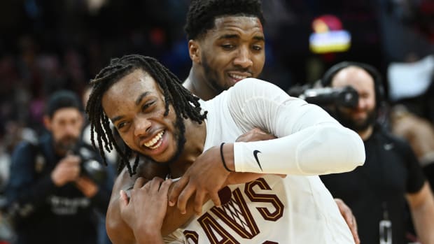 Feb 11, 2023; Cleveland, Ohio, USA; Cleveland Cavaliers guard Donovan Mitchell (45) and guard Darius Garland (10) celebrate after the Cavaliers beat the Chicago Bulls at Rocket Mortgage FieldHouse. Mandatory Credit: Ken Blaze-USA TODAY Sports