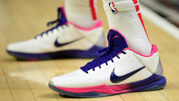 A view of the sneaker shoes of Washington Wizards forward Deni Avdija (9)  during the game between the Dallas Mavericks and the Washington Wizards at  the American Airlines Center.