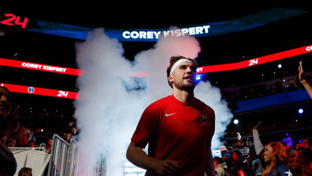 Washington Wizards forward Corey Kispert (24) is introduced prior to the game against the Memphis Grizzlies at Capital One Arena.