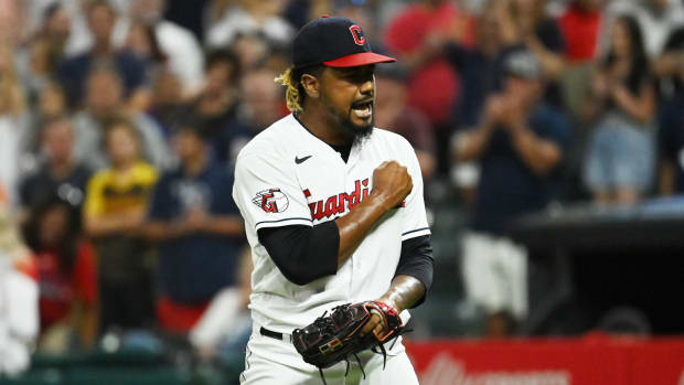Aug 19, 2022; Cleveland, Ohio, USA; Cleveland Guardians relief pitcher Emmanuel Clase (48) celebrates after striking out Chicago White Sox shortstop Elvis Andrus (not pictured) to end the game at Progressive Field. Mandatory Credit: Ken Blaze-USA TODAY Sports