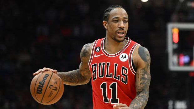 Feb 11, 2023; Cleveland, Ohio, USA; Chicago Bulls forward DeMar DeRozan brings the ball up court