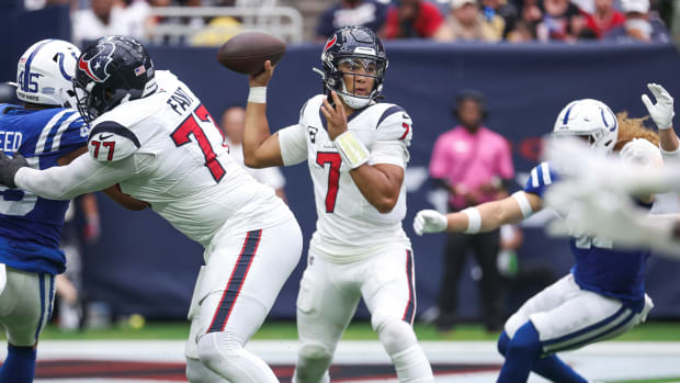 Texans quarterback C.J. Stroud attempts a pass during the fourth quarter against the Indianapolis Colts at NRG Stadium