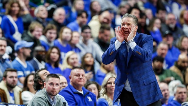 Kentucky men's basketball head coach John Calipari yells instructions during the Wildcats' win over Illinois State, the last game before the SEC regular season begins in January. Dec. 29, 2023