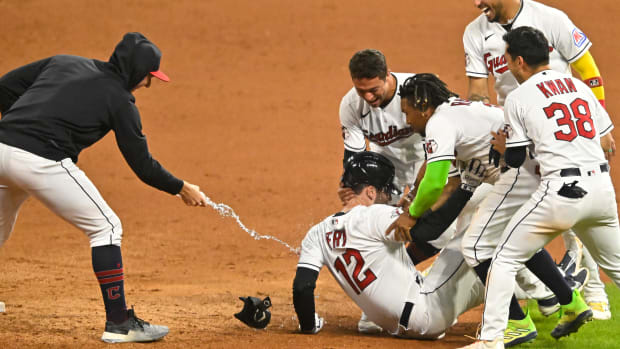 Sep 22, 2023; Cleveland, Ohio, USA; Cleveland Guardians catcher David Fry (12) celebrates his game-winning, two-RBI double in the ninth inning against the Baltimore Orioles at Progressive Field. Mandatory Credit: David Richard-USA TODAY Sports