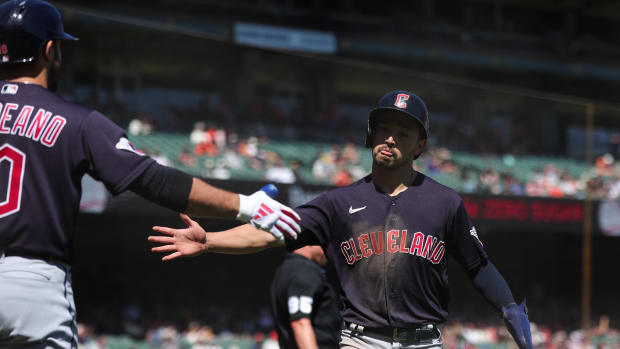 Sep 13, 2023; San Francisco, California, USA; Cleveland Guardians left fielder Steven Kwan (38) scores a run during the second inning against the San Francisco Giants at Oracle Park. Mandatory Credit: Sergio Estrada-USA TODAY Sports