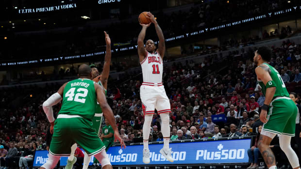 Chicago Bulls' forward attempts a 3-pointer vs. Boston Celtics at United Center