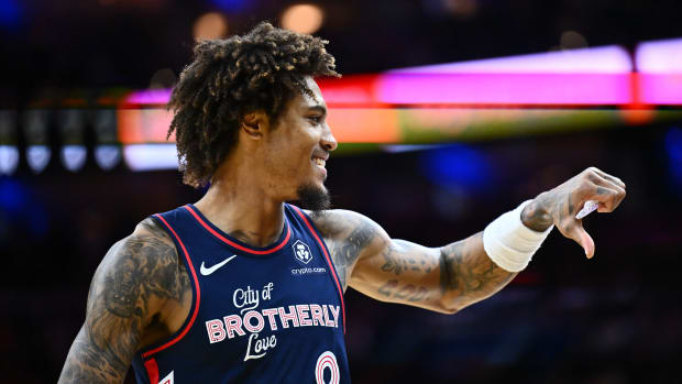 Philadelphia 76ers guard Kelly Oubre Jr (9) gestures in the second quarter against the Phoenix Suns at Wells Fargo Center. Mandatory Credit Kyle Ross-USA TODAY Sports