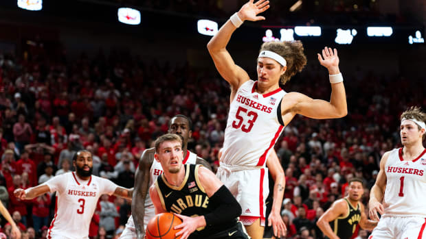 Purdue Boilermakers guard Braden Smith drives against Nebraska forward Josiah Allick (53) during the second half Tuesday night at Pinnacle Bank Arena in Lincoln. (Jan 9, 2024)