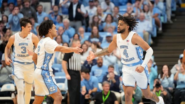 UNC basketball guards Elliot Cadeau and RJ Davis