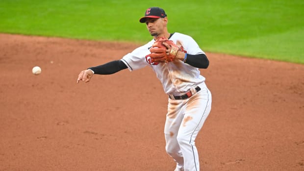 Jul 24, 2023; Cleveland, Ohio, USA; Cleveland Guardians second baseman Andres Gimenez (0) throws to first base in the fifth inning against the Kansas City Royals at Progressive Field. Mandatory Credit: David Richard-USA TODAY Sports