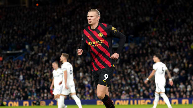 Erling Haaland pictured after scoring for Manchester City at Leeds United in December 2022