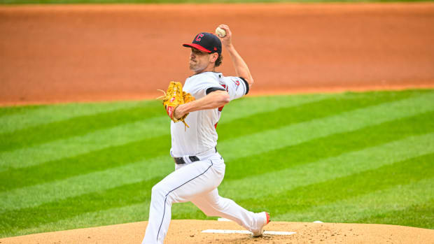 Oct 7, 2022; Cleveland, Ohio, USA; Cleveland Guardians starting pitcher Shane Bieber (57) throws a pitch against the Tampa Bay Rays in the first inning during game one of the Wild Card series for the 2022 MLB Playoffs at Progressive Field. Mandatory Credit: David Richard-USA TODAY Sports