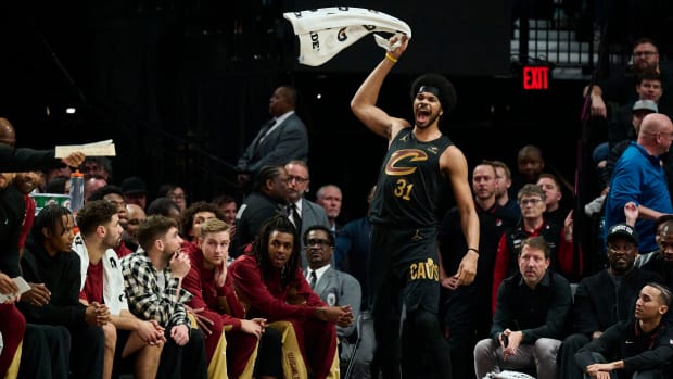 Nov 15, 2023; Portland, Oregon, USA; Cleveland Cavaliers center Jarrett Allen (31) celebrates after a defensive foul call during the first half against the Portland Trail Blazers at Moda Center. Mandatory Credit: Troy Wayrynen-USA TODAY Sports