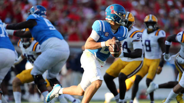 Sep 30, 2023; Oxford, Mississippi, USA; Ole Miss Rebels quarterback Jaxson Dart (2) drops back to pass during the first quarter against the LSU Tigers at Vaught-Hemingway Stadium. Mandatory Credit: Petre Thomas-USA TODAY Sports