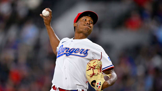 Jun 3, 2023; Arlington, Texas, USA; Texas Rangers relief pitcher Jose Leclerc (25) in action during the game between the Texas Rangers and the Seattle Mariners at Globe Life Field. Mandatory Credit: Jerome Miron-USA TODAY Sports