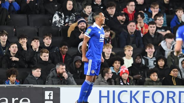 Youri Tielemans pictured celebrating after scoring for Leicester City during their 3-0 win at MK Dons in December 2022