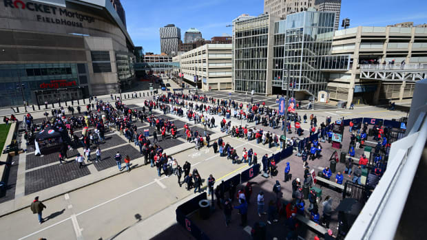 Apr 7, 2023; Cleveland, Ohio, USA; Fans wait to enter Progressive Field before the game between the Cleveland Guardians and the Seattle Mariners. Mandatory Credit: Ken Blaze-USA TODAY Sports