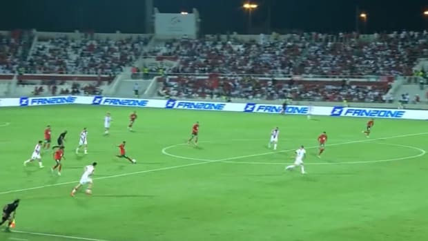 Hakim Ziyech pictured shooting to score from his own half during Morocco's 3-0 win over Georgia in November 2022