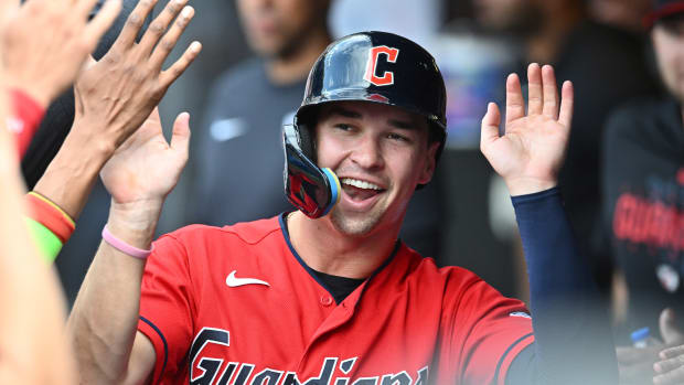 Jul 8, 2023; Cleveland, Ohio, USA; Cleveland Guardians right fielder Will Brennan (17) celebrates after scoring during the second inning against the Kansas City Royals at Progressive Field. Mandatory Credit: Ken Blaze-USA TODAY Sports