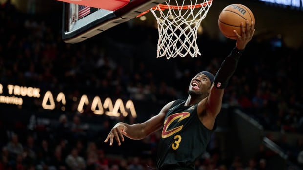 Nov 15, 2023; Portland, Oregon, USA; Cleveland Cavaliers guard Caris LeVert (3) scores a layup during the second half against the Portland Trail Blazers at Moda Center. Mandatory Credit: Troy Wayrynen-USA TODAY Sports