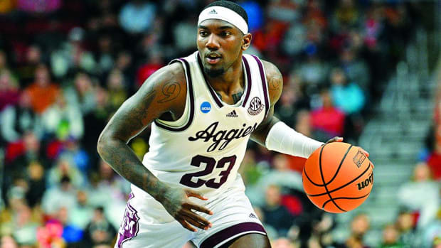 Texas A&M Aggies guard Tyrece Radford dribbles the ball against the Penn State Nittany Lions during the first half at Wells Fargo Arena.