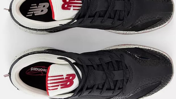 Top view of black and white New Balance shoes.