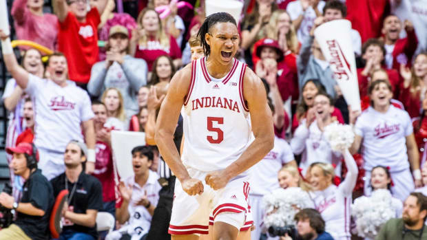 Indiana's Malik Reneau (5) celebrates during the Indiana versus Morehead State men's baskertball game at Simon Skjodt Assembly Hall on Monday, Nov. 7, 2022.