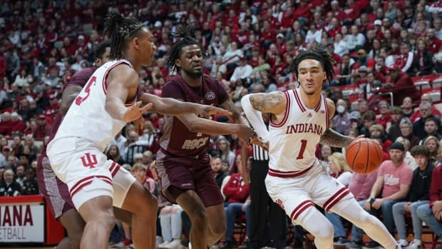 Indiana Hoosiers guard Jalen Hood-Schifino (1) drives to the basket during the first half at Simon Skjodt Assembly Hall.