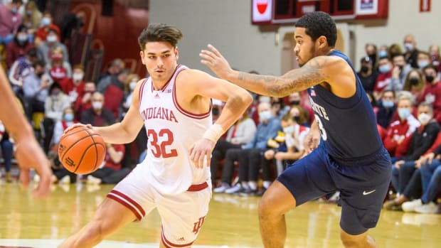 Indiana's Trey Galloway (32) drives on Penn State's Sam Sessoms (3) during the first half of the Indiana versus Penn State men's basketball game at Simon Skjodt Assembly Hall.