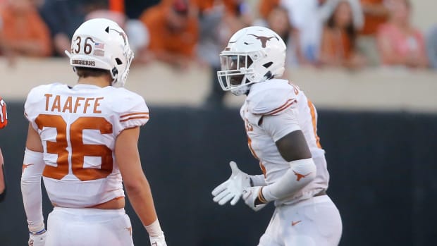 Texas Longhorns Safety Michael Taaffe looks on during a game against Oklahoma State