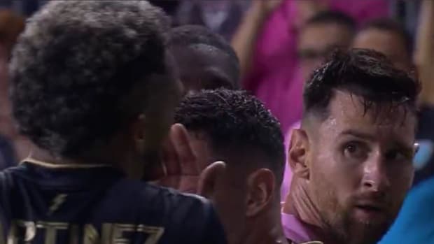 Lionel Messi pictured (right) staring at Jose Martinez (left) after the two players exchanged words during Inter Miami's 4-1 win over Philadelphia Union in the 2023 Leagues Cup semi-finals