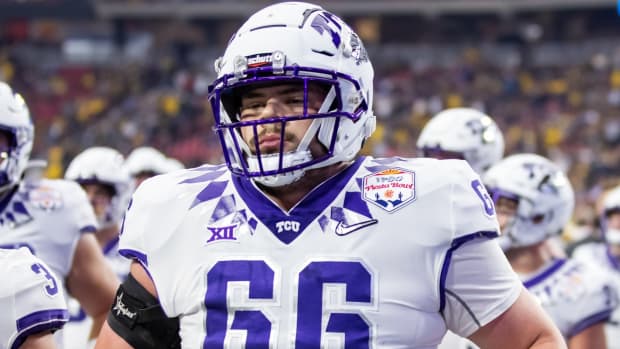 TCU Horned Frogs offensive lineman Noah Bolticoff (66) against the Michigan Wolverines during the 2022 Fiesta Bowl at State Farm Stadium.