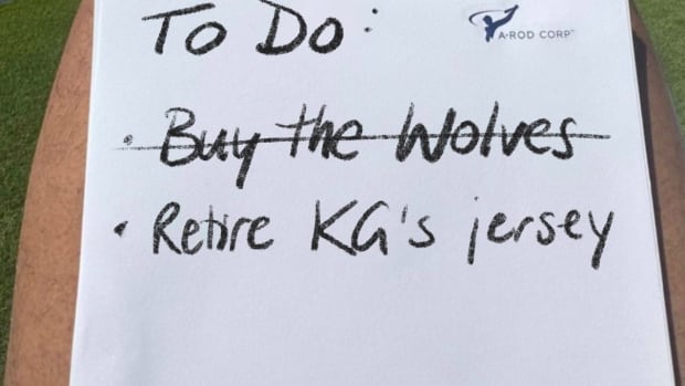 Alex Rodriguez shows 'To Do' list with 'Buy the Wolves' crossed off and 'Retire KG's jersey' as the next item of business