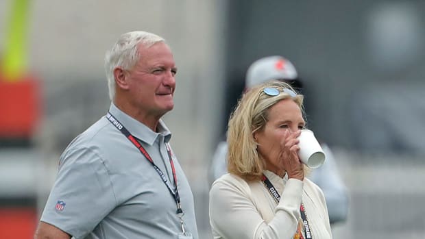 Browns owners Jimmy and Dee Haslam watch their team practice during training camp, Thursday, July 29, 2021, in Berea. 