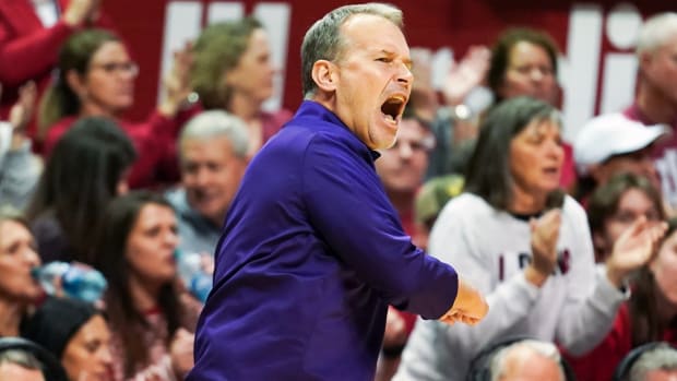 Northwestern Wildcats head coach Chris Collins reacts to a call during the first half against the Indiana Hoosiers at Simon Skjodt Assembly Hall.