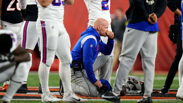 Bills coach Sean McDermott in the aftermatch of Damar Hamlin collapse against Bengals in Week 17.