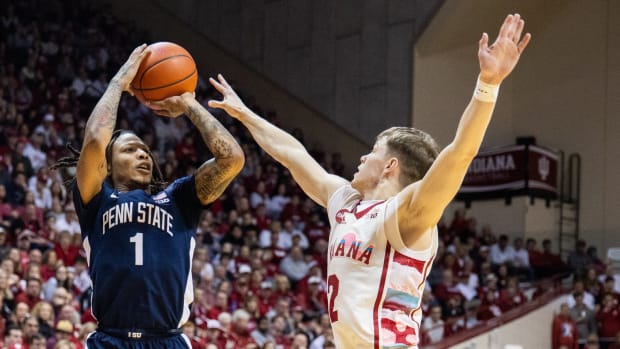 Penn State Nittany Lions guard Ace Baldwin Jr. (1) shoots the ball while Indiana Hoosiers guard Gabe Cupps (2) defends in the second half at Simon Skjodt Assembly Hall.