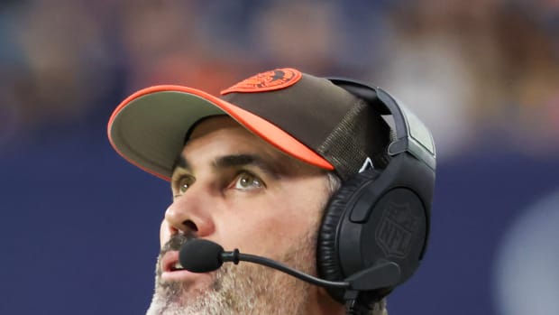 Dec 24, 2023; Houston, Texas, USA; Cleveland Browns head coach Kevin Stefanski looks at the clock as the Browns play the Houston Texans in the second quarter at NRG Stadium.