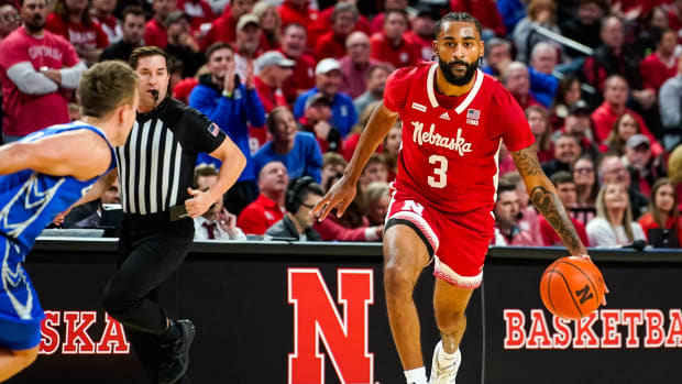 Nebraska Cornhuskers guard Brice Williams (3) dribbles the ball against the Creighton Bluejays during the first half at Pinnacle Bank Arena.